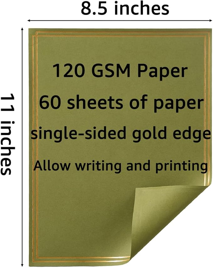 60 Pack Stationery Set Paper with Gold Border, 8.5x11 Inch Paper Sheets for Writing Letters, Letter Size Writing Paper (Olive Green, 8.5x11 inches)