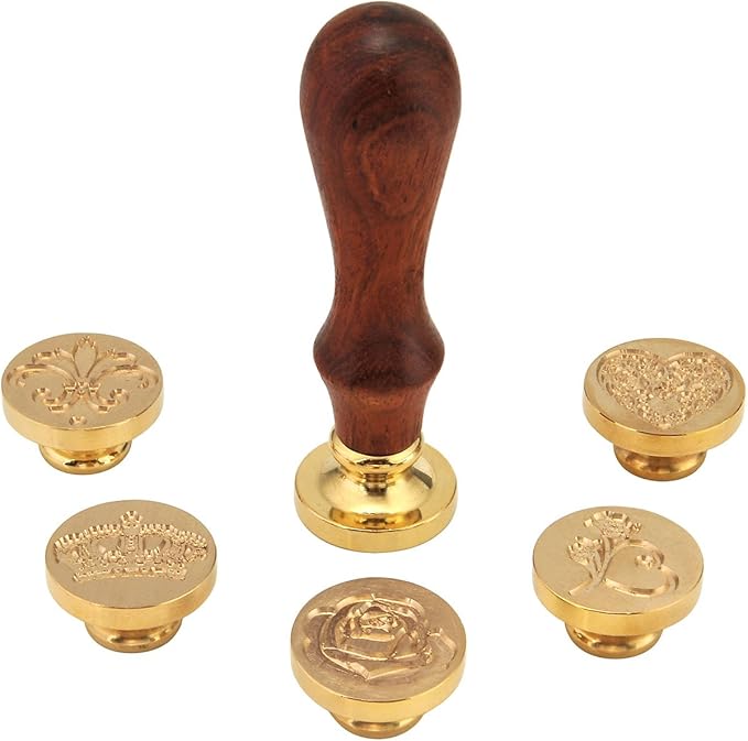 Yoption 6 Pcs Wax Seal Stamp Set, Romantic Rose Heart Flower Crown Sealing Wax Stamps Kit, Wooden Handle with Brass Head for Wedding Invitation Cards Christmas Gift