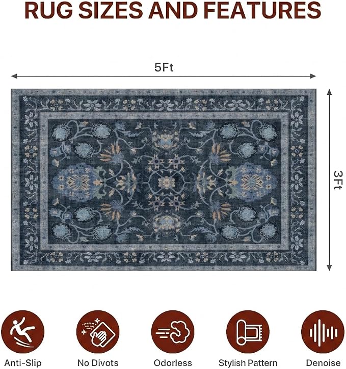 36"x60" Office Chair Mat for Hardwood Tile Floor, Under Desk Carpet Protector for Rolling Computer Chair Mat, Machine Washable Area Rug, Anti-Slip 1/5" Thick Low Pile Thin Vinyl Floor Mat, Grey Blue