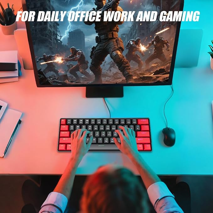 abucow 60% Mechanical Gaming Keyboard Black Switch Wired Compact Keyboard Anti-Ghosting No-Conflict 61 Swappable keycaps Ergonomic Design for Windows/Mac (Red-Black)