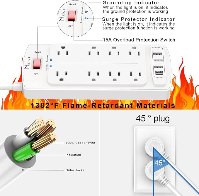 6FT Surge Protector Power Strip, Nuetsa Extension Cord with 8 Outlets and 4 USB Ports, 6 Feet Power Cord, 2700 Joules, ETL Listed, White