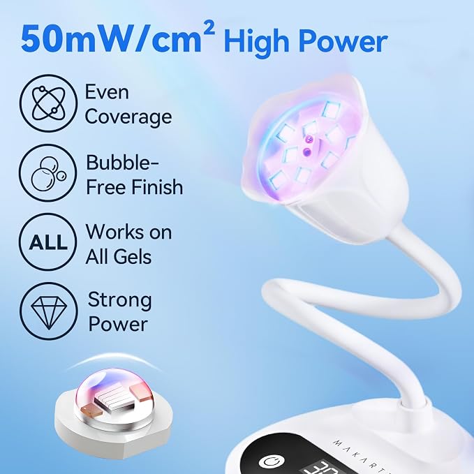 Makartt UV LED Nail Lamp: Portable Cordless 50 mW/cm² Flash Cure Nail Lamp for Gel X & Press-On Nails, Rechargeable USB Gooseneck Nail Dryer with Auto Sensor & 4 Timers for Gel Polish Travel Manicure