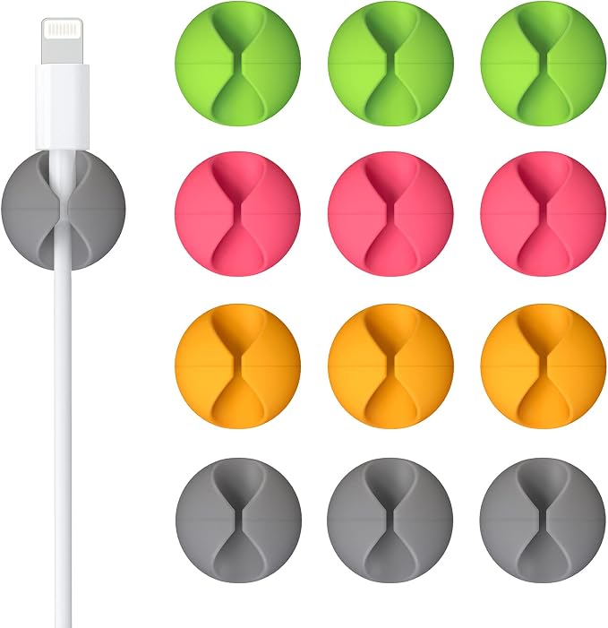 12 Pack Cable Clips, Adhesive Cord Organizer Holder for Desk Colorful | Removable, Strong Adhesion, Leave No Trace, Cable Management for Car Cubicle Nightstand, Home Office Essentials