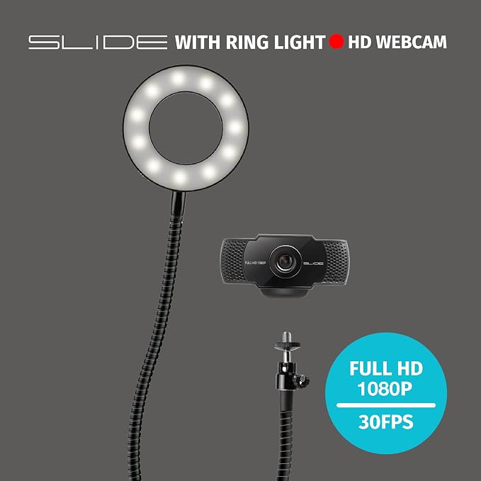 Slide 1080P HD Webcam with Portable Ring Light and Clamp-on Stand, Streaming Camera with Mic, 30 FPS, 30 Light Modes, 2 Flexible Arms, Secure Clamp, Includes Sliding Lens Cover and USB Cable