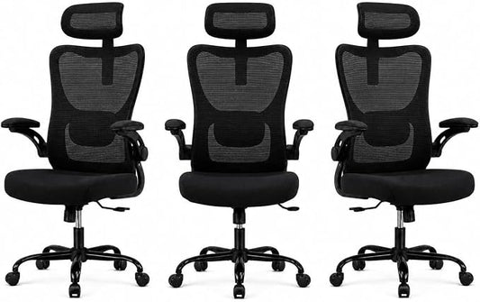 HUANUO Ergonomic Office Chair, High Back Computer Desk Chair with Adjustable Lumbar Support and Headrest, Comfy Gaming Chair with 3D Armrests, Home Office Rolling Chair, Max Load 300 lbs, Pack of 3