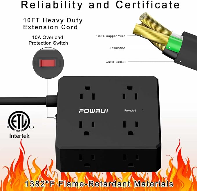 Surge Protector Power Strip - 10 Ft Flat Plug Extension Cord with 8 Widely Outlets and 4 USB Ports(1 USB C), 3 Side Outlet Extender for Home Office, Black, ETL Listed