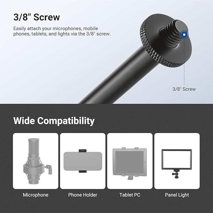NEEWER Microphone Boom Arm for Mic Stand, Aluminum Compact Lightweight Portable Telescopic Extension Pole, 1/4" Screw & 3/8" Spigot for Universal Mics Adapter Mount Accessories, Max Load 3.3 lb, MS041