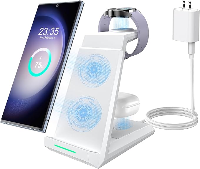 Wireless Charger for Samsung Charging Station, ADADPU 3 in 1 Charger Stand for Multiple Devices Fast Dock for Galaxy S25 S24 S23 Ultra S22 S21 Z Flip Fold 5, Samsung Watch 7/6/5/4/3/Pro, Galaxy Buds