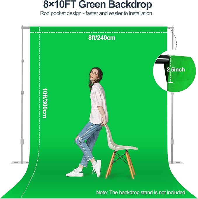 Green Screen Backdrop, 8×10FT Photography Chromakey Greenscreen Background Sheet for Zoom Meeting, Polyester Fabric Cloth Curtain for Photo Video Studio, Party, Live Streaming, Photoshoot