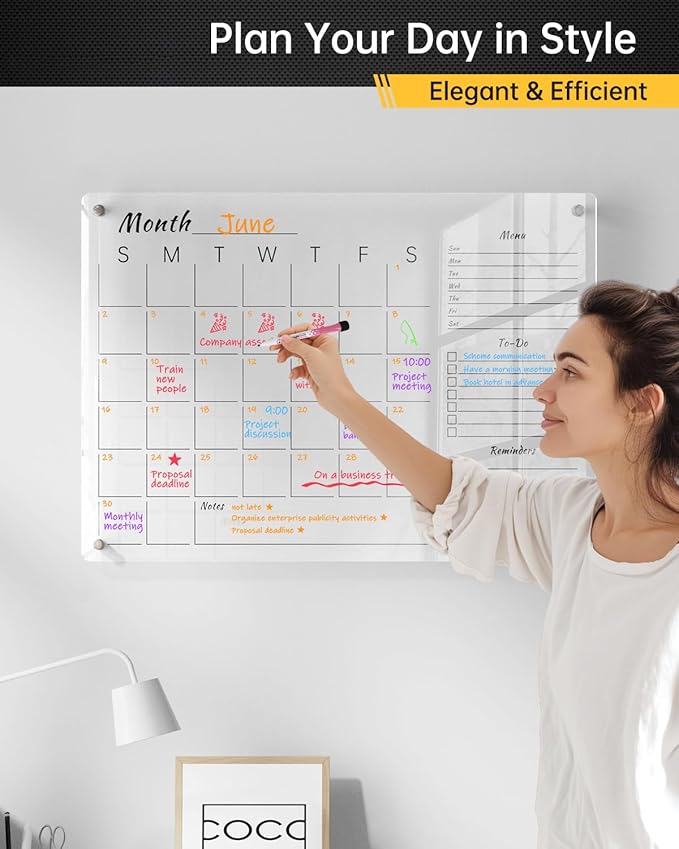 24x16" Clear Acrylic Wall Calendar with Dry Erase Surface, Monthly Planner Board, Includes Colorful Markers, Eraser, Multi-Color Mounting Screws, & Easy Install Kit - Ideal for Home & Office