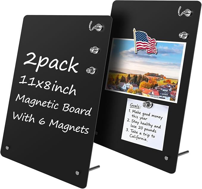 2 Pack Small Magnet Board - Black Magnetic Board | 11x8Inch Metal Magnetic Bulletin Board with 6 Magnets, Magnet Display Stand for Home School Kitchen Office