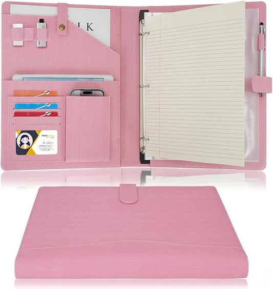 Wonderpool A4 PU Leather Portfolio Holder Ring File Document Case with Removable Binder Clipboard, Multi Pocket and Legal Pad for Business Organizer Interview and Meeting (Pink)