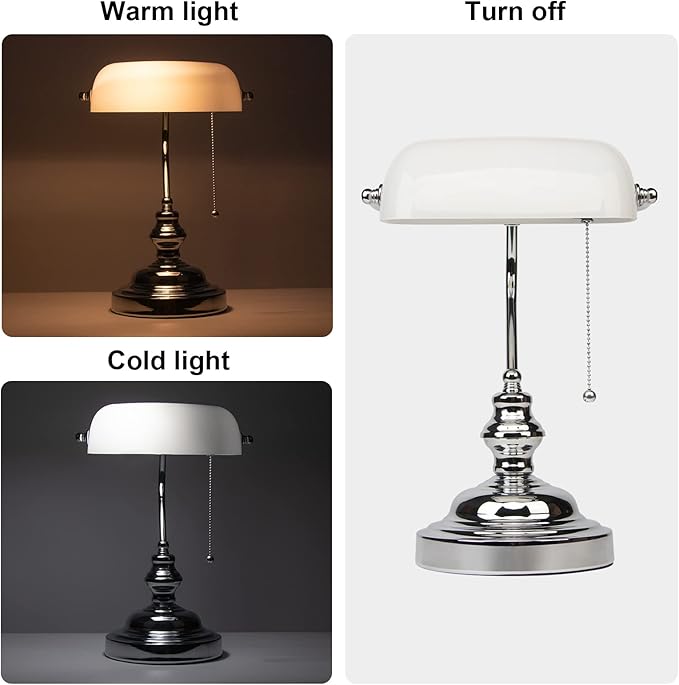 FIRVRE Bankers Lamp White Shade, Bankers Desk Lamp Library Lamp with Pull Chain, Vintage Desk Lamp for Office, Study Room