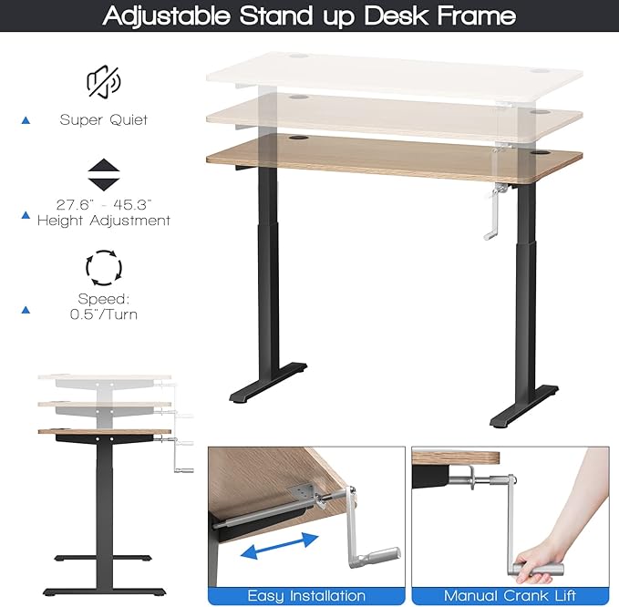 COSTWAY Crank Standing Desk Frame, Manual Hand Crank Workstation Base, Ergonomic Sit to Stand Base w/Foldable Crank Handle, Hook, Cable Management Rack (Black)