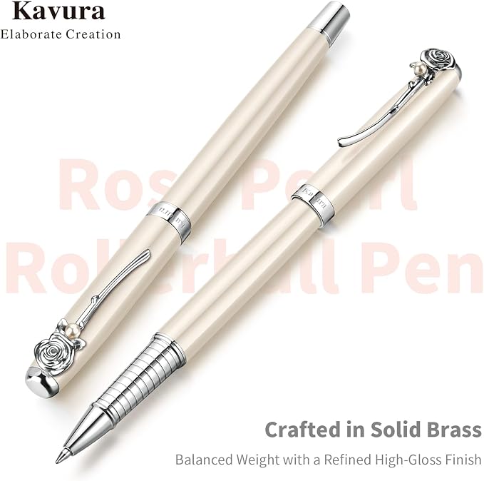 Rose & Pearl Rollerball Pen – Luxury Brass Pen Gift Set for Women, Jewelry-Inspired Design, Glossy Finish, with German Refill, Romantic Gift for Her, Anniversary & Valentine’s Day (Pearl White)