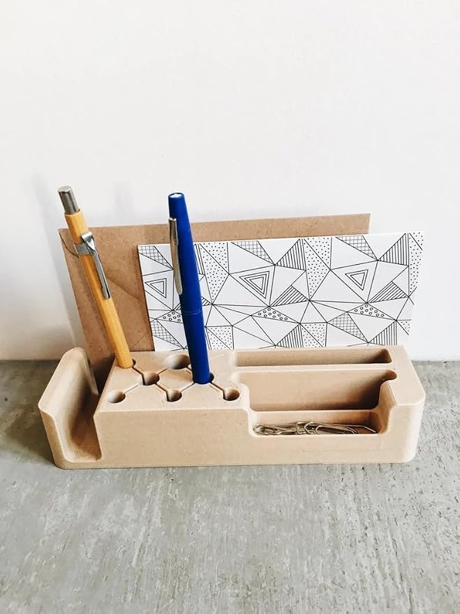 Minimalist Beige Wooden Desk Organizer, Multi-Compartment Pen Holder & Stationery Caddy, Modern Desktop Storage for Office Home School, Natural Wood Finish