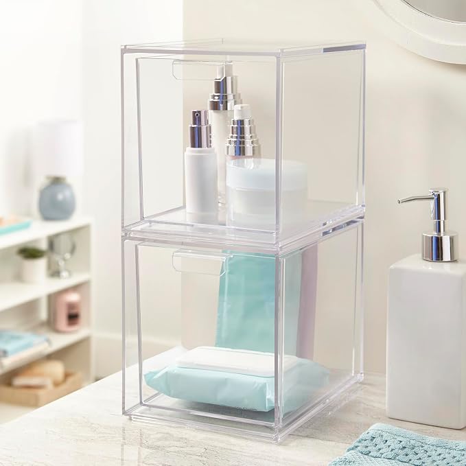 STORi Audrey Stackable Bin Clear Plastic Organizer Drawers | 2 Piece Set | Organize Cosmetics and Beauty Supplies on a Vanity | Made in USA