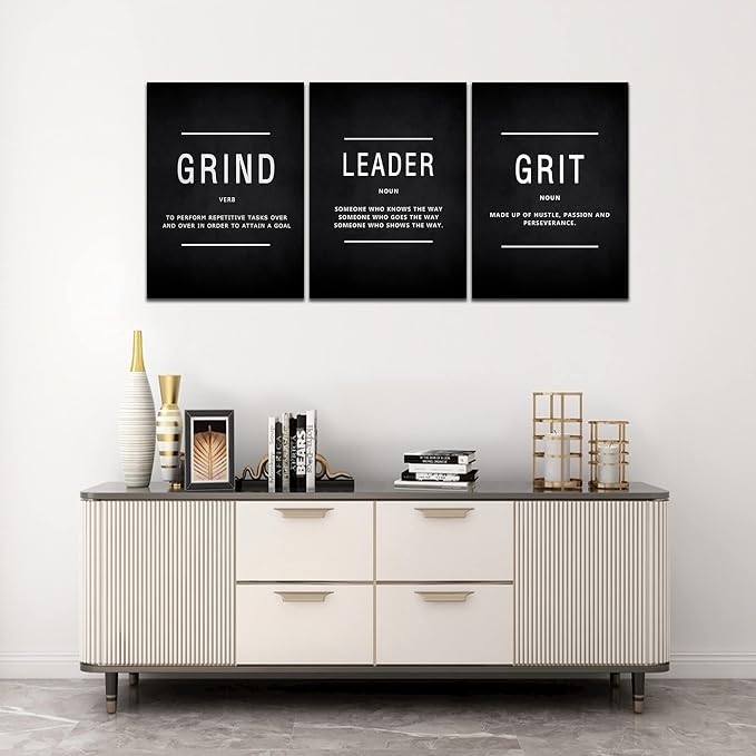 Motivational Grind Grit Leader Wall Art, Canvas Painting Wall Decor Inspirational Posters Prints for Living Room Bedroom, Office Decor, Gallery-Wrapped Canvas Art Set Framed Easy Hang- 12"Wx16"Hx3PCS