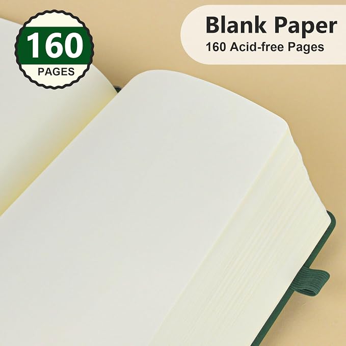 PERCUN Blank Journal Ntebook for Men & Women, 160 Pages Leather Journals for Writing, Drawing Sketch Book,5.9" x 8.5" Hardcover Sketchbook, Unlined Notebooks for Work, School, Art (Green)