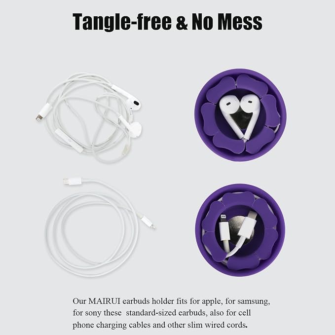 MAIRUI Wired Earbud Case Earphone Headphone Cord Organizer Earbuds Wrap Soft Silicone Magnetic Holder Storage Tangle Free Cable Winder(Purple)