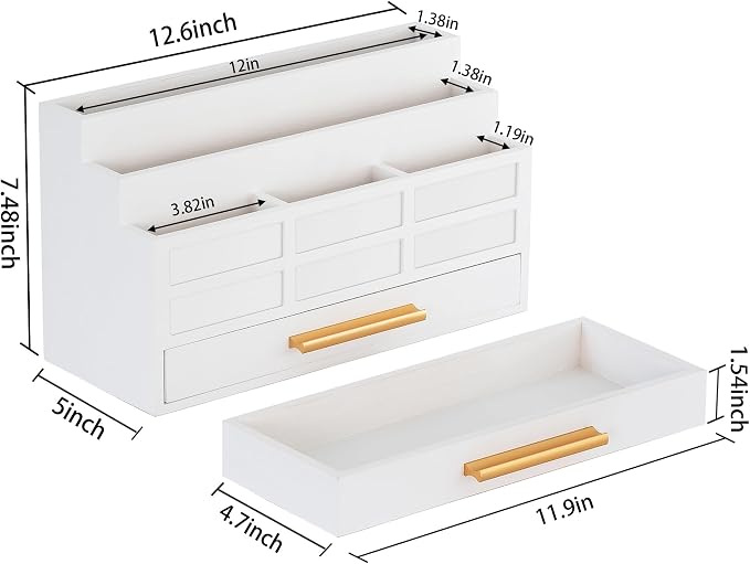 dreampossible white Wood Desk Organizer and Accessories with Drawer, Bill Mail Organizer and File Mail Holder for Office Supplies, Rustic Desk Accessories & Workspace Organizers for Desk Organization