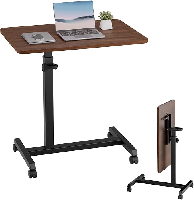 GTPLAYER Small Standing Desk, 24 Inches Mobile Foldable Rolling Laptop PC Table with Lockable Casters, Adjustable Height Overbed Bedside Table Computer Workstation for Home Office, Walnut