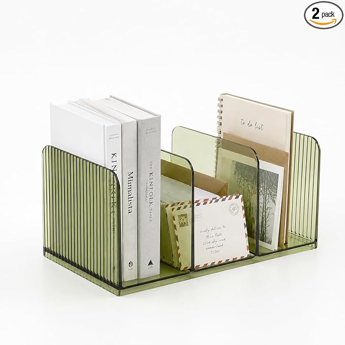 Versatile Acrylic Magazine File Holder, 3 Compartment Desk Document Organizer Sorter, Clear Bookends & Folder Rack for Classroom, Holds Tablet, Magazines, Files, Supplies & Accessories-2 Pack Green