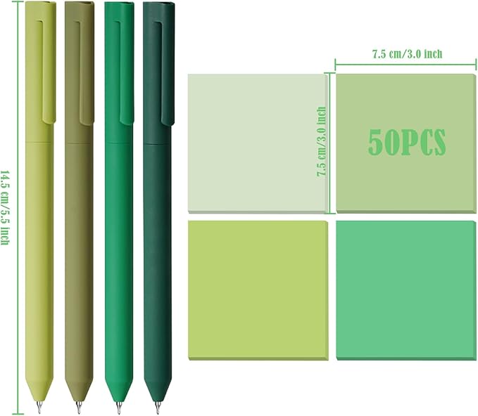 BAYTORY 320 Sheets Gradient Sticky Notes, 4 Pcs Rotatable Colored Gel Pens, Aesthetic Self-Stick Note & Multicolored Ink Pen, Colorful Memo Pads Easy to Post for Note Taking (Gradient Green)