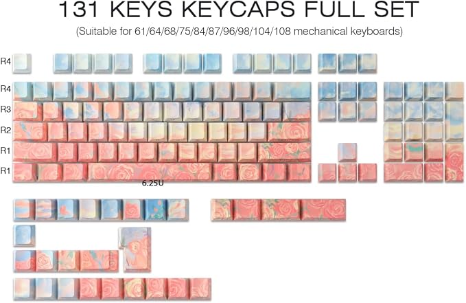Tsungup Rose Pastel Keycaps,Side Print Custom Keyboard Keycap Set | Cherry Profile，135 Keys，Shine Through，PBT Keycaps for 60%65%75%100% Cherry Gateron MX Switches Mechanical Keyboard