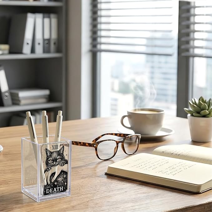 Death Tarot Card Acrylic Pen Holder, Gothic Black Cat Desk Pencil Cup Organizer, Halloween Office Decor Accessory, Halloween Witchy Gifts for Women Student Tracher Tarot Reader Cat Lover