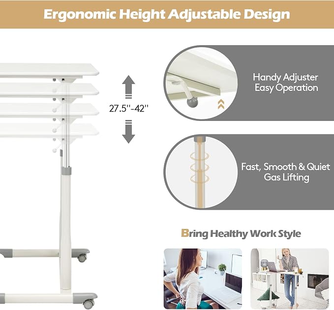 COSTWAY Mobile Height Adjustable Standing Desk, Compact Pneumatic Sit to Stand Computer Desk w/Lockable Casters, Ergonomic Rolling Laptop Table w/Steel Frame for Home Office (White)