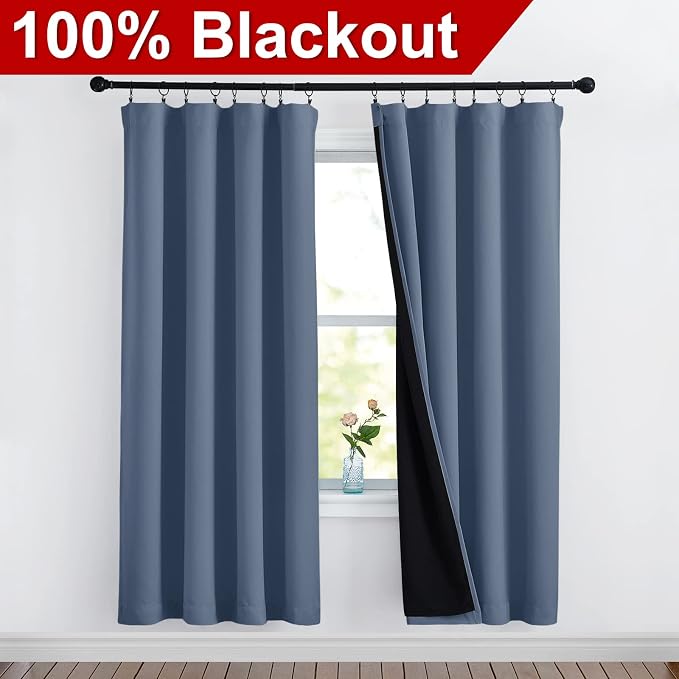 NICETOWN Full Shade Curtain Panels 72 inches Long, Pair of Energy Smart & Noise Blocking Out Blackout Drapes for Guest Room Window, Thermal Insulated Lined Window Dressing (Stone Blue, 52 inch)