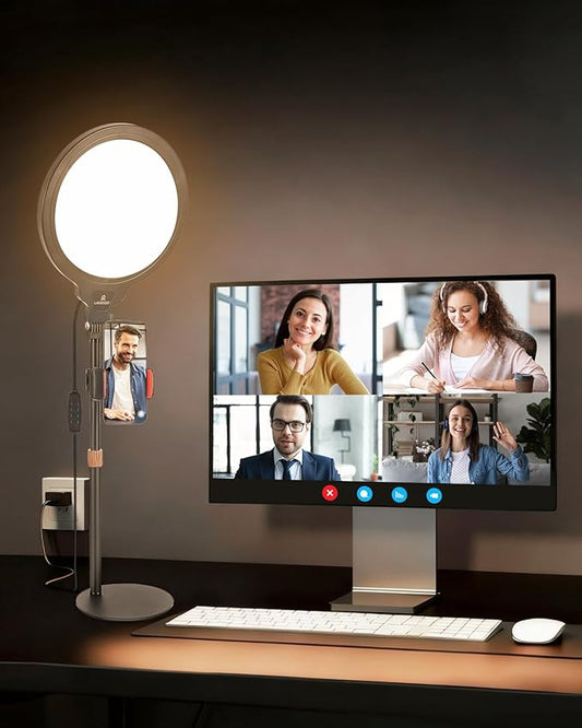 10'' Full Screen LED Ring Light with Adjustable Desk Stand, 3 Color Dimmable Video Conference Light for Zoom Meetings, Online Calls, Live Streaming, YouTube, TikTok, USB Powered with Phone Holder