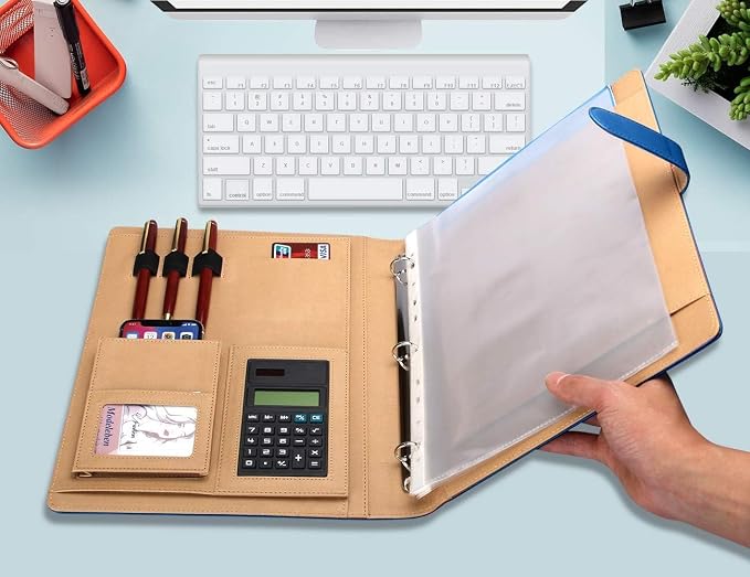 A4 Leather Padfolio with 3 Ring Portfolio Binder with Clipboard Padfolio for Women Men Professional Office Three Binders Organizer with Calculator Planner Portfolio Executive Closure Notebook Folder