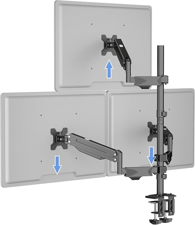 Pholiten Triple Monitor Stand, Mount for 3 Screens up to 32 inches & 22lbs Each, Full Motion Gas Spring Monitor Arm with Clamp Mounting, for Desktops, Computer Monitors