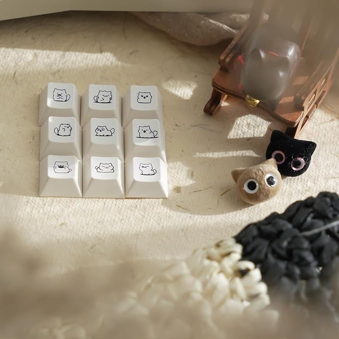 PBT Cute Cat Keycaps, Milk White Dye-Sublimation Keycap, 151 Keys Cherry Profile Keyboard Keycaps Set, Sand Dune Cat Custom Key Caps for Cherry MX Switches Mechanical Gaming Keyboard