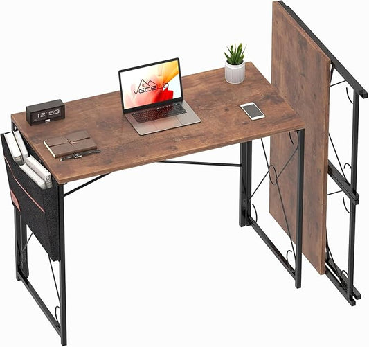 VECELO 39 Inch Folding Desk Simple Assembly, Writing Computer Desk for Home Office Study Office Foldable Table for Small Spaces,Classic Brown