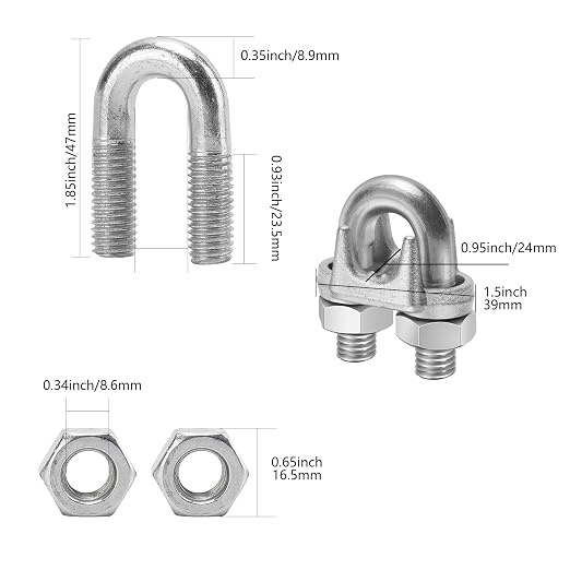 20Pcs 3/8" M10 Wire Rope Clip Cable Clamps Galvanized high Quality Steel Material, U-Bolt Saddle Fasteners - can be Used for Tent Ropes, Wire Ropes, Wire and Cable, clotheslines
