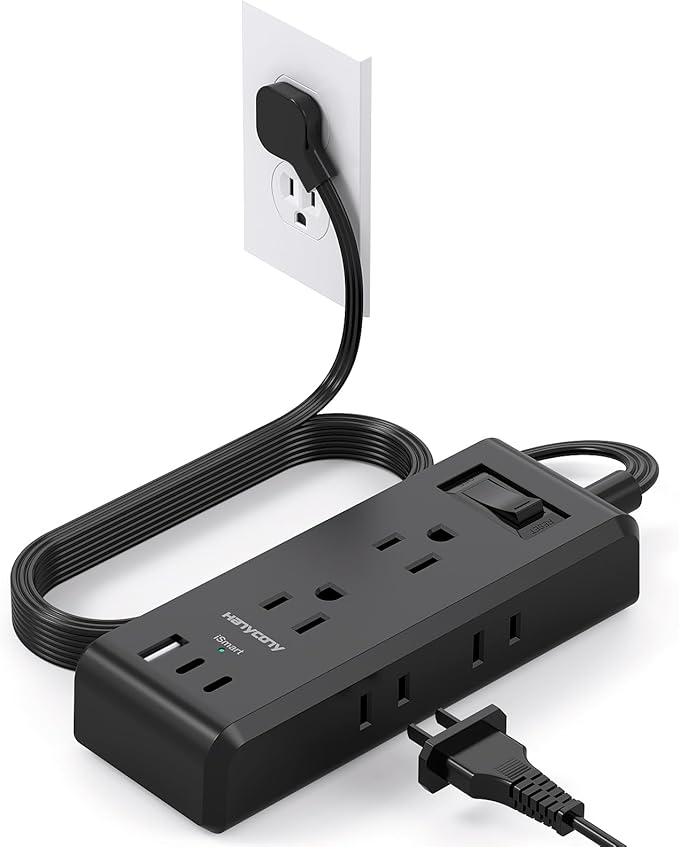 Cruise Essentials, Flat Plug Power Strip, HANYCONY 5ft Ultra Flat Extension Cord - 6 Outlets 3 USB Ports (2 USB C) Desktop Charging Station, No Surge Protection for Travel, Dorm Room Essentials, Black