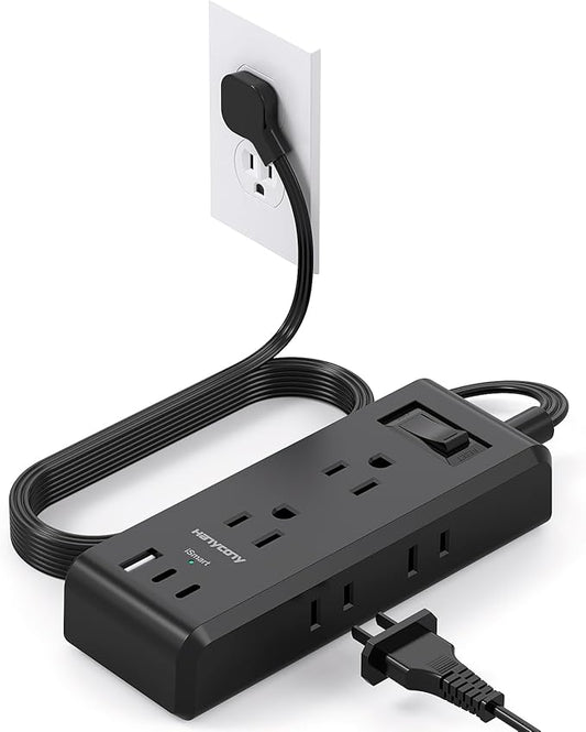 Cruise Essentials, Flat Plug Power Strip, HANYCONY 5ft Ultra Flat Extension Cord - 6 Outlets 3 USB Ports (2 USB C) Desktop Charging Station, No Surge Protection for Travel, Dorm Room Essentials, Black