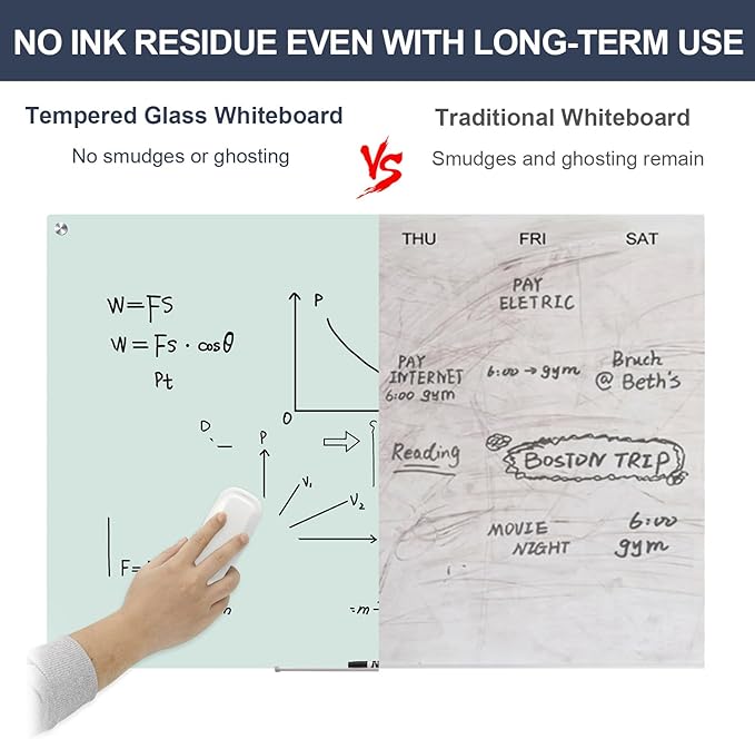 Glass Magnetic Dry Erase Board - TANKEE 48 x 32 Inches Frameless Glass Whiteboard for Wall, Modern Large White Board for Office Home School Classroom