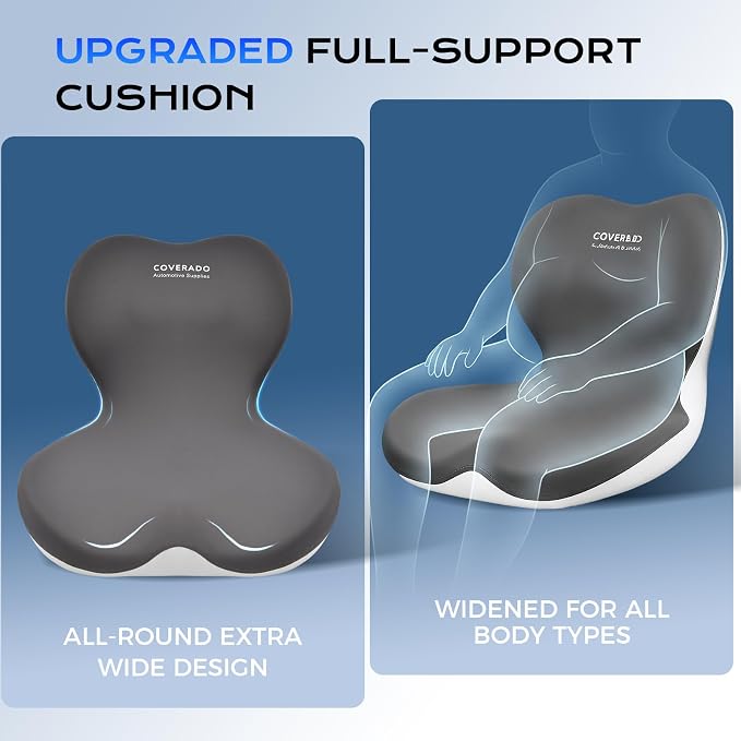 Coverado Car Seat Cushion and Lumbar Support Pillow One Piece, Memory Foam Ergonomic Back Support Driving Seat Cushion for Back Pain, Non-Slip Washable Cushion for Car, Driver, Office