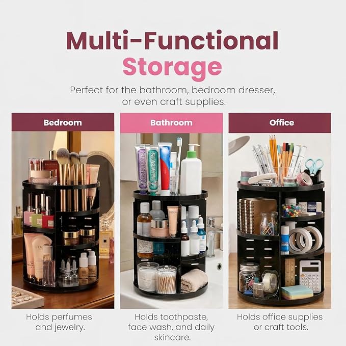Masirs 360 Rotating Makeup Organizer Countertop, Adjustable Shelf, Black | 360-Degree Rotating Makeup Organizer, Adjustable Shelf Height, Cosmetic Perfume Skincare Storage, Vanity Countertop, Black
