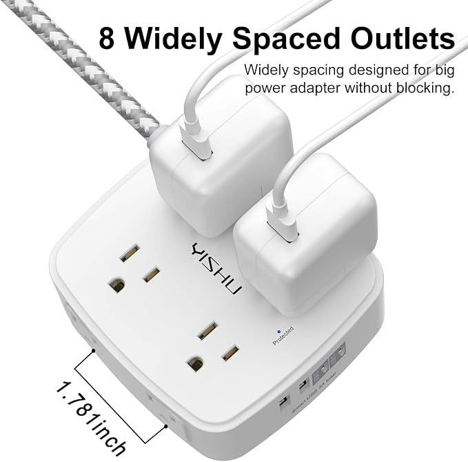 Surge Protector Power Strip - YISHU 8 Outlets with 4 USB (2 USB C) Charging Ports, 10Ft Braided Extension Cord, Flat Plug Multi Plug Outlet Extender Charging Station for Home Office, ETL, White