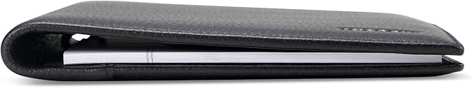 HISCOW Slim Leather Junior Padfolio, 5x8 Notepad Cover, Pebbled Black | Full-grain tumbled cowhide, top-loading legal pad holder, rigid pen loop, quick-access card slot, zipperless boardroom design
