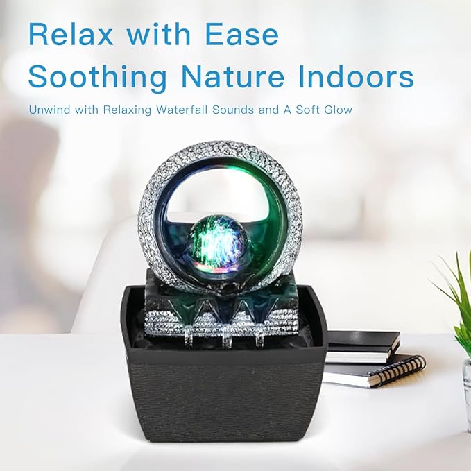 Tabletop Water Fountains, 3 Gears Desktop Fountain Indoor with Led Rolling Ball, Table Top Small Water Feature Interior Zen Relaxation Decor for Home Bedroom Living Room Office Apartment