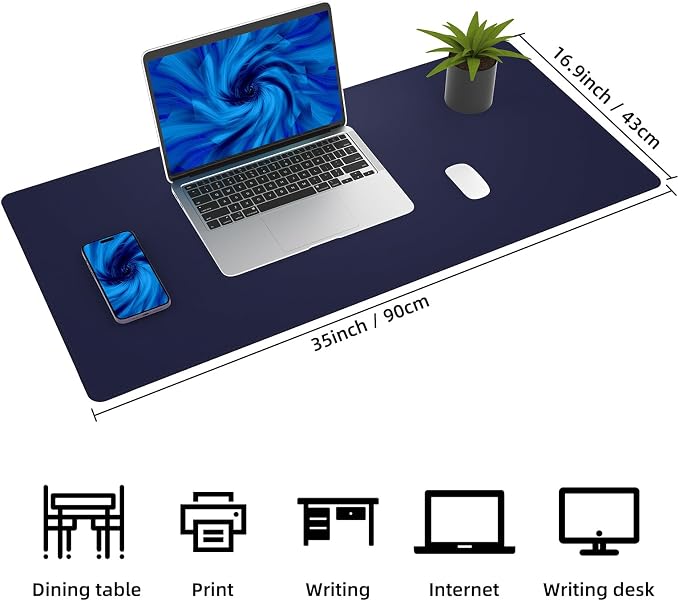 AFIING Desk Mat, Blue, 35.4" x 17", Cork Desk pad Protector | Dual-Sided Cork & PU Leather, Waterproof, Non-Slip for Mouse Pad, Office, Home & Writing