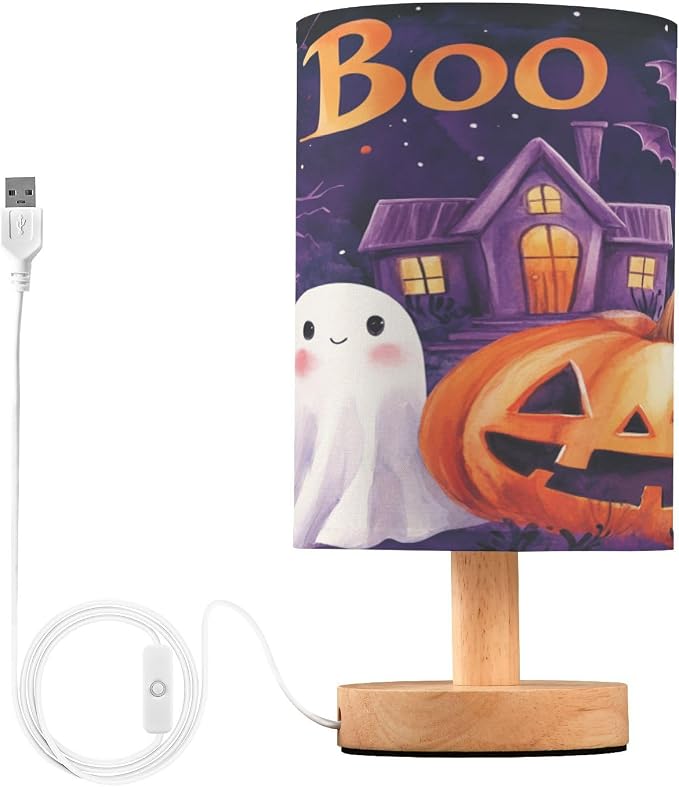 Dussdil Halloween Ghost Pumpkin Table Lamp Bedroom Bedside Night Reading Desk Lamps Bat Owl Cylinder Nightstand Sleeping Light Lamp for Kids Living Room Office Decor