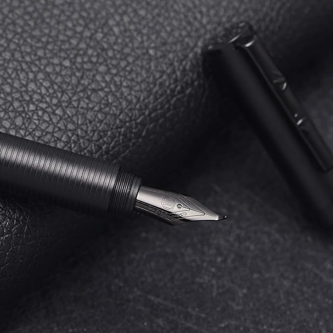 Hongdian H3 Fountain Pen Titanium Black Bent Nib with Bamboo Pen Clip, Black Aluminum Alloy Writing Pen
