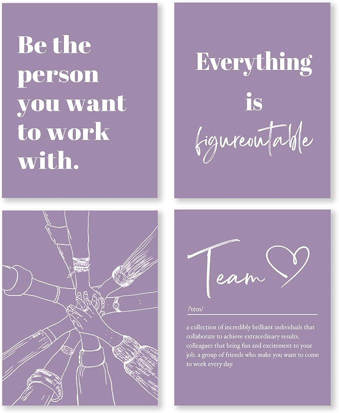 XWELLDAN Be The Person You Want to Work With Team Work Wall Art Decor, Inspirational Motivational Wall Decor for Office, Office Artwork Wall Decor, 8x10 Unframed Set of 4(purple)